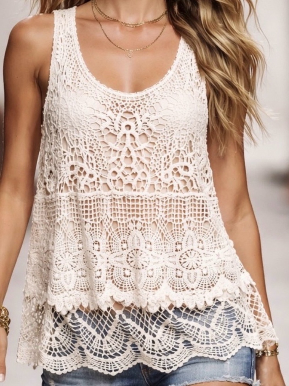 Women's Crochet Lace Tank Top in Beige